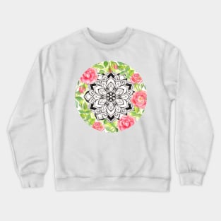 Peach Pink Roses and Mandalas on Lime Green and White Crewneck Sweatshirt